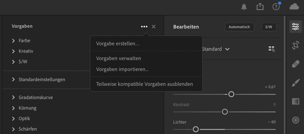 Lightroom Presets installieren über Import Option